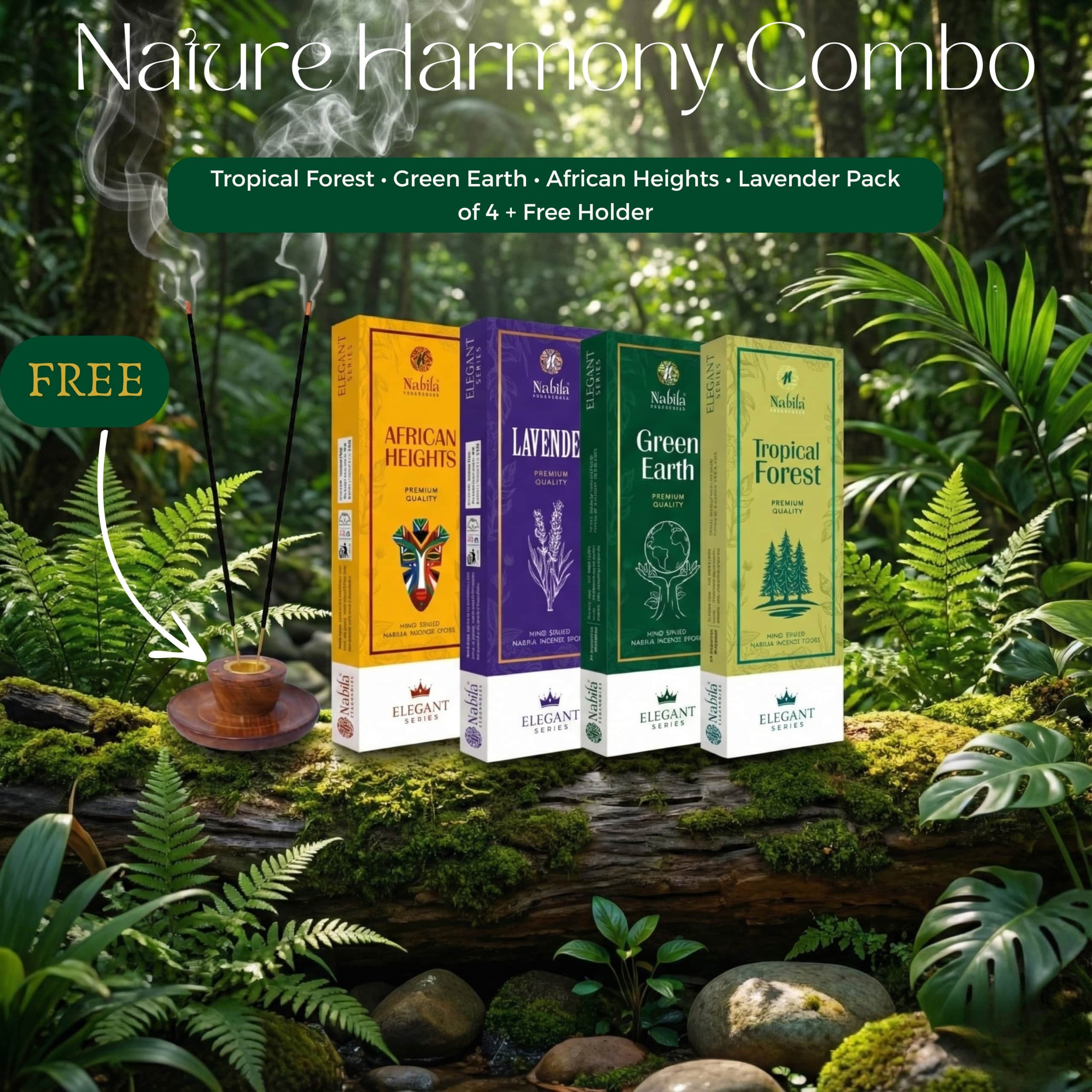 Nabila Fragrance Nature Harmony Combo – Tropical Forest, Green Earth, African Heights & Lavender | Premium Masala Incense Sticks | Pack of 4 + 1 Free Holder