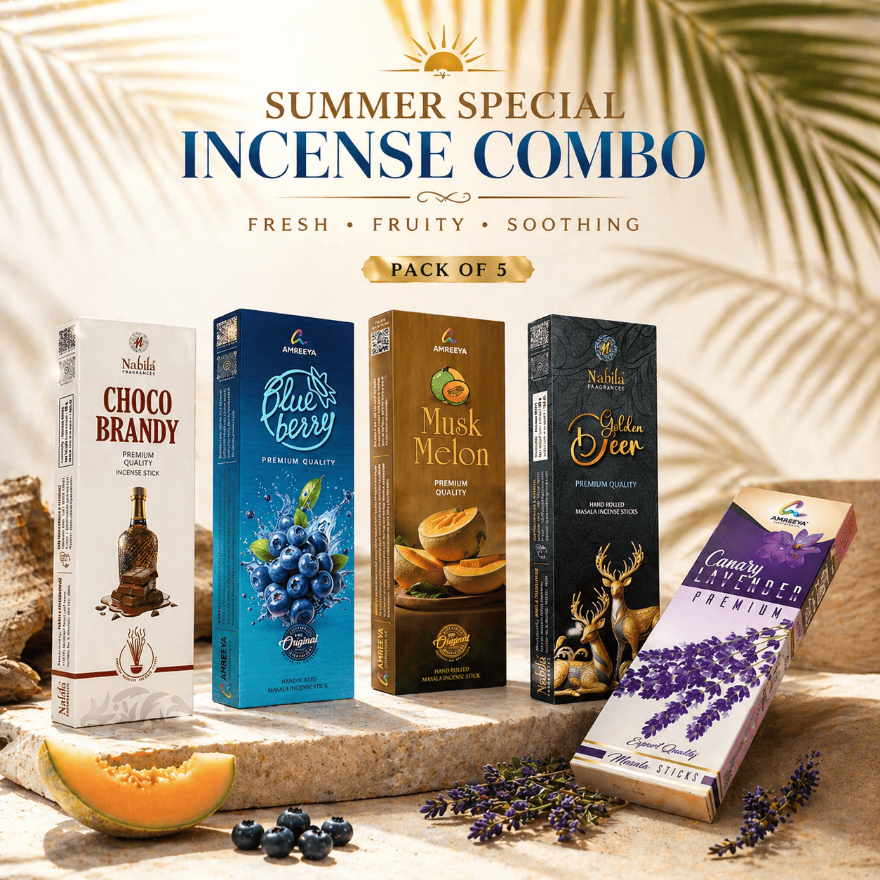 AMREEYA Summer Special Incense Stick Combo (90g x 3 + 50g x 2) – Fresh & Fruity Masala Agarbatti Set | Best Incense Sticks for Summer Season - Pack of 5