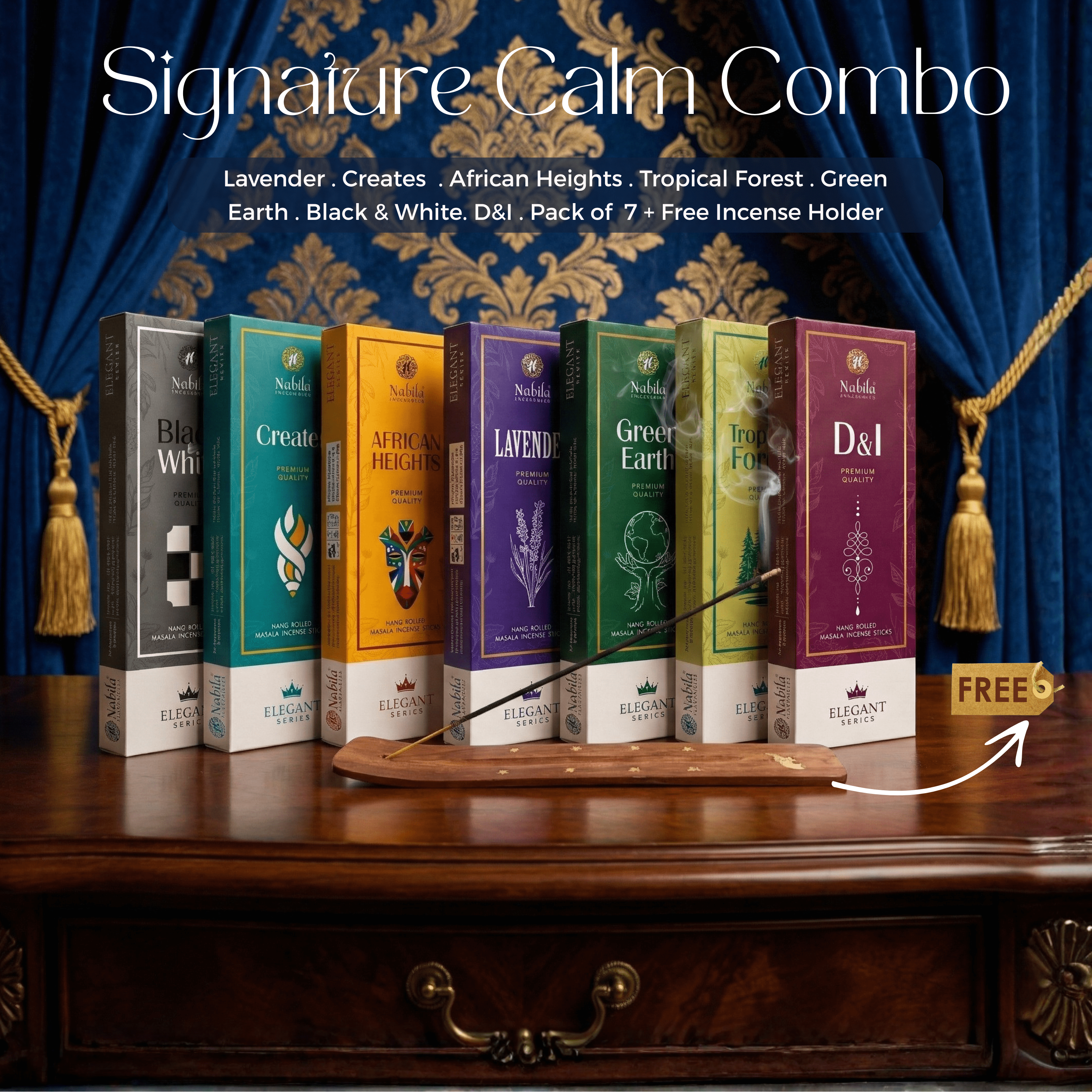 Nabila Signature Calm Combo Premium Masala Incense Sticks with Free Wooden Incense Holder - Pack of 7