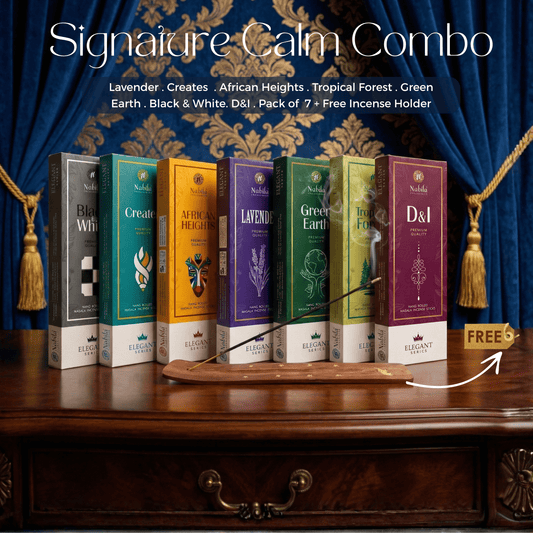 Nabila Signature Calm Combo Premium Perfume Incense Sticks with Free Wooden Incense Holder - Pack of 7