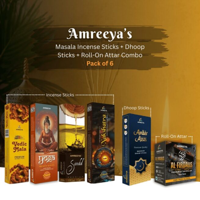 Amreeya Masala Incense Sticks + Dhoop Sticks + Roll-On Attar Combo - Pack of 6